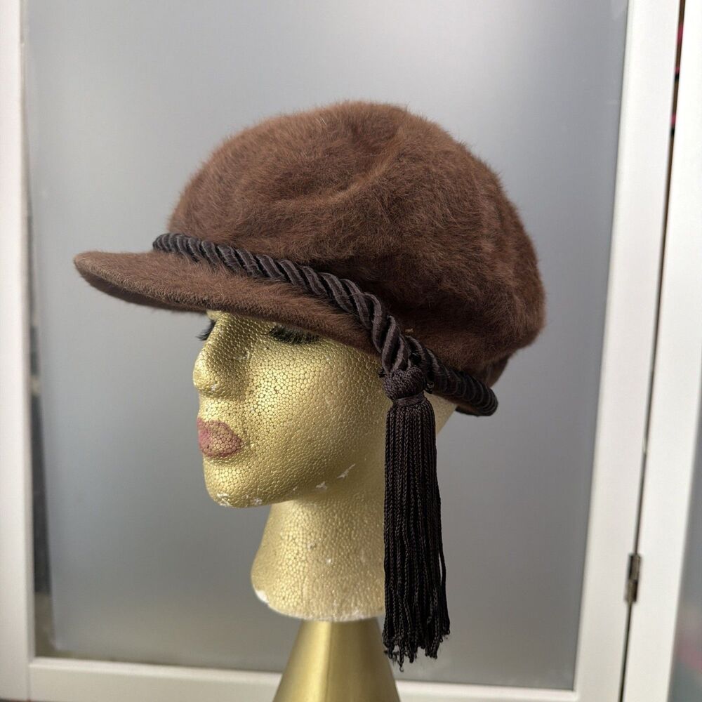 Vintage Kangol Design Brown Angora Blend Fuzzy Newsboy Cabbie Hat Cord Tassel